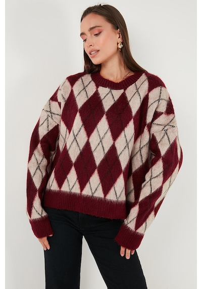 Lela Oversize Fit Bisiklet Yaka Baklava Desenli Yumuşak Dokulu Bayan Kazak 4616223 Bordo