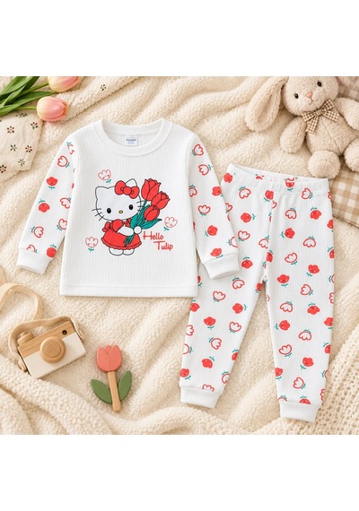Polifoni Kız Çocuk Kedi Figürlü Pijama Takımı Beyaz