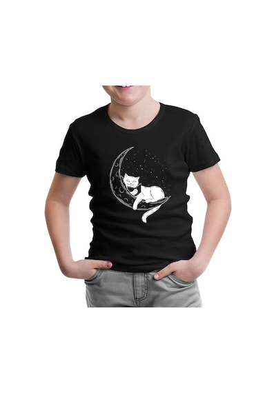 Lord Tshirt Black Cat Reading On The Moon Siyah Çocuk Tshirt 001