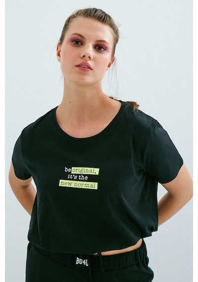Penti Siyah Bu4u Slogan Kısa Kollu Tişört Pijama Üstü Siyah