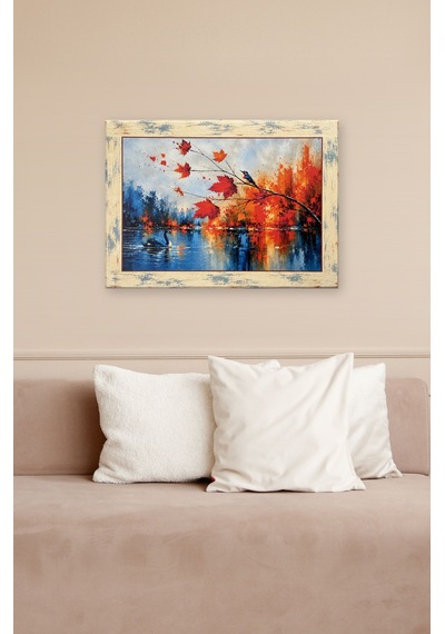 Ahşap Eskitme Çerçeve Desenli Kuğu Ve Kuş Figürlü Dekoratif Ahşap Tablo 72 52 Cm