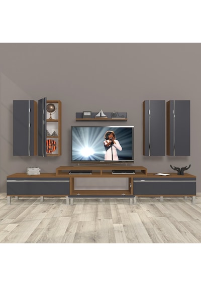 Decoraktiv Ekoflex 8d Mdf Krom Ayaklı Tv Ünitesi Tv Sehpası Ceviz - Antrasit