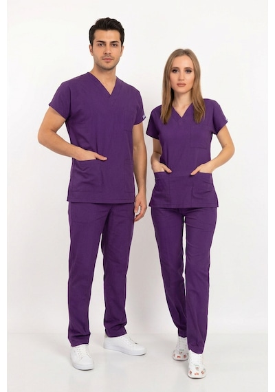 Unisex Kadın Erkek Mor Renk Likralı Doktor Hemşire Hastane Scrubs Üniforma Takımı Mor Mor