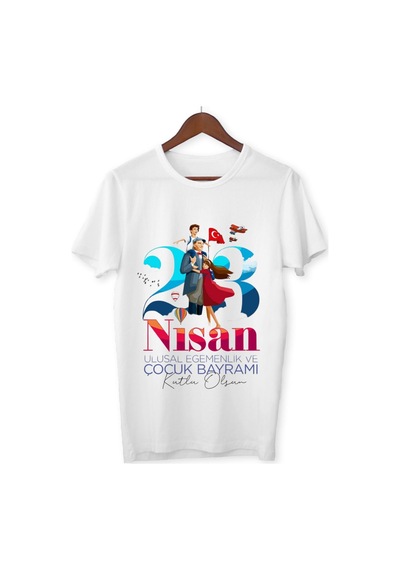 Alpşan Ticaret 23 Nisan Baskılı Unisex Çocuk/yetişkin Tişört Çift Taraflı Baskı Çocuk Bayramı T-shirt 37 Beyaz
