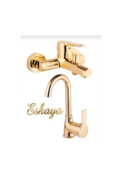 Eskaya 2 Li Set Kaliteli Gold Renk Lüx Gövde Banyo Ve Banyo Lavabo Musluğu Bataryası Altın