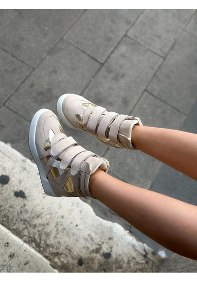 Erva'nın Butiği Bej Süet İsabe Gizli Topuk Dolgu Topuk 7 Cm Boy Uzatan Sneakers-6414