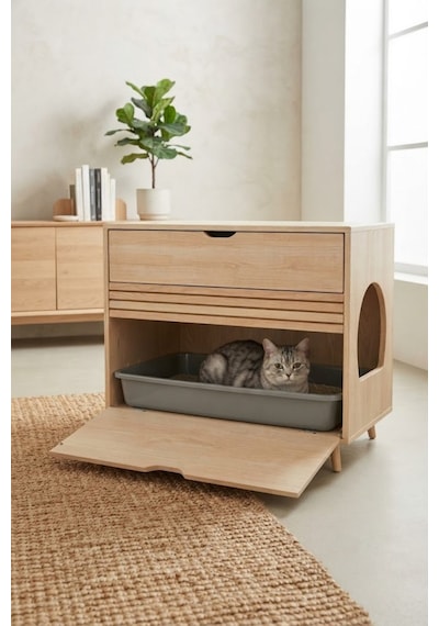 Reyo Pet Premium Zenith Soft Tek Çekmeceli Kapalı Kedi Tuvaleti Dolabı Masif Ahşap, Kapalı Kedi Tuvaleti