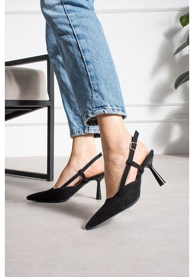 Dabab Shoes Snape Kadın Siyah Yılan Desenli Sivri Burun 7 Cm Topuklu Slingback Ayakkabı