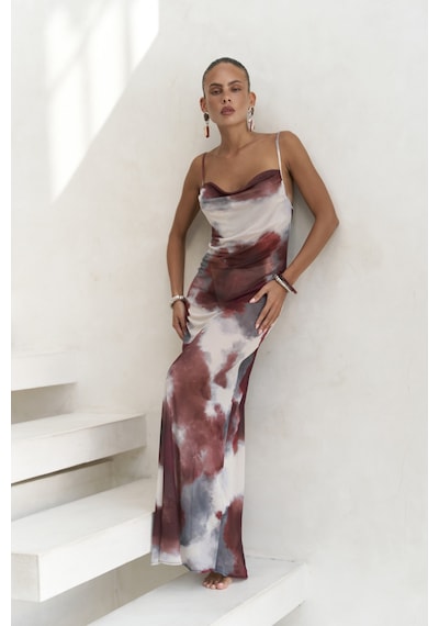 Mai Collection Mai Studios Co. Chomhan Askılı Degaje Bordo Uzun Elbise Bordo
