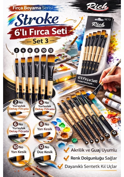 6 Lı Stroke Fırça Seti Set 3 Yan Kesik,düz Kesik,detay Fırçası Akrilik&guaj Uyumlu Profesyonel Set