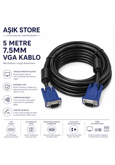 Vga Kablo 5 Metre 7.5mm Kalın Çift Ferrit Filtreli Monitör Projeksiyon Bilgisayar Vga Erkek Erkek Kablo