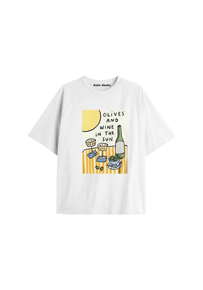 Kalic Studio Kadın Oversize Olives And Wine Tshirt Beyaz