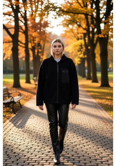 Benerly Kadın Dik Yaka Düşük Kol Tam Fermuarlı Peluş Sweatshirt Fonksiyon siyah
