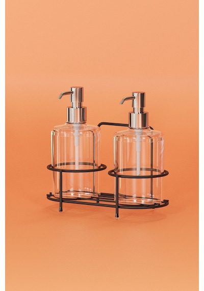 Suntel Metal Standlı 2'li Sıvı Sabunluk Yapışkanlı / Ayaklı Kullanım, Plastik Şişe Siyah