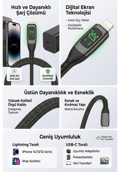 30w Pd Watt Göstergeli Type-c To Lightning Hasır Şarj Ve Data Aktarım Kablosu 1 Metre Mt2216