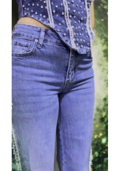 Orvelia İnci İşlemeli Denim Korset Büstiyer Ve Yanları İnci Saçaklı Denim Pantolon Takımı Marea mavi