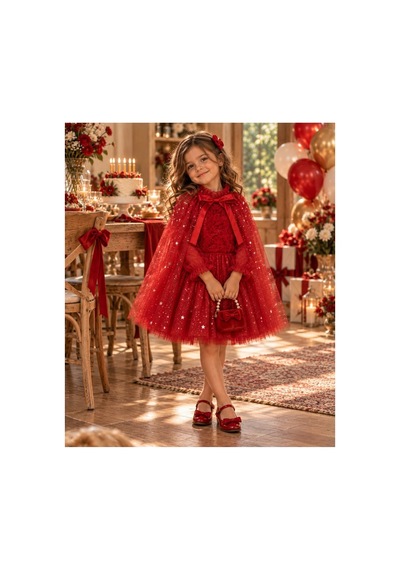 Ministok Shine Rose Pelerinli Kız Çocuk Özel Gün Elbisesi Kırmızı