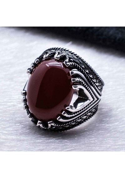 925 Ayar Gümüş Bordo Akik Taşlı Erkek Yüzük Gümüş