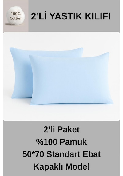 Oznhome %100 Pamuklu 2'li Yastık Kılıfı 50 70 Yastık Kılıfı Açık Mavi