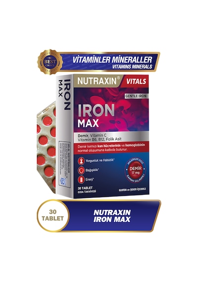 2 Adet Nutraxin Iron Max 30 Adet Tablet - Demir, Vitamin C, B6, Folik Asit, B12