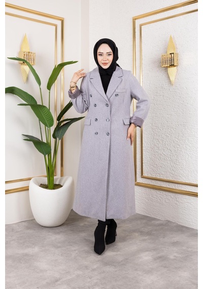Hb Harma Time Butik Kadın Astarlı Düğmeli Cepli Uzun Gri Kaşe Kaban Açık Gri Açık Gri