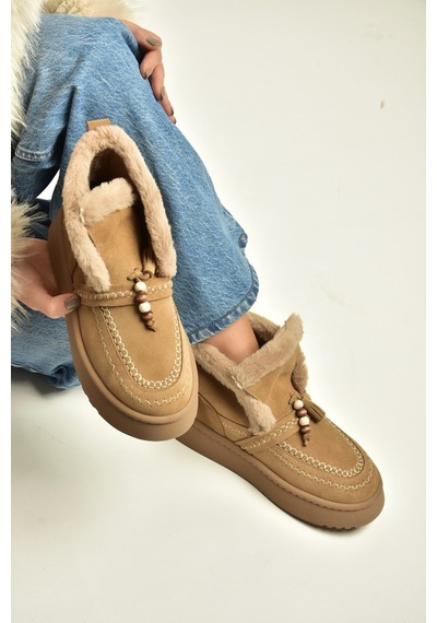 Fox Shoes Z357183561 Vizon Hakiki Deri Süet Kürklü Kadın Bot