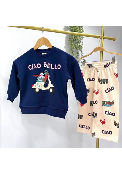 Ciao Bello Baskılı Lacivert Sweatshirt Ve Desenli Eşofman Altı Unisex 3ip Alt Üst Takım Ciao Bello Baskılı Lacivert Sweatshirt Ve Desenli Eşofman Altı Unisex 3ip Alt Üst Takım