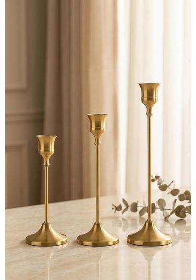Vintage Metal Şamdan 3'lü Set, Altın Renk, Paslanmaz Çelik, Çizilmeye Dayanıklı, Dekoratif Mumluk, Minimalist Tem Çok Renkli