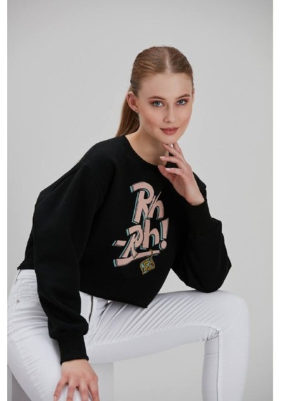 Meecy Kadın Siyah Baskılı Sweatshirt Siyah Siyah