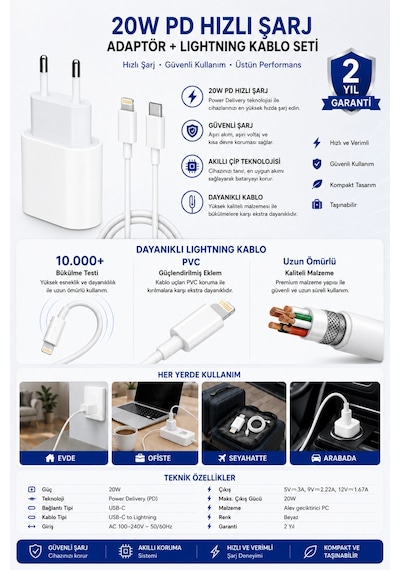 İphone Şarj Aleti 20w Hızlı Şarj Adaptörü Usb-c Lightning Kablo Seti İphone 14 13 12 11 Uyumlu