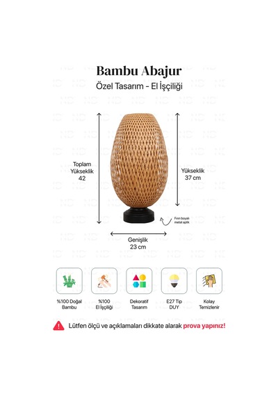 Boja Bambu Abajur, Masa Lambası 23x37x42 Cm İskandinav, Modern, Bohem, Rattan, Aydınlatma
