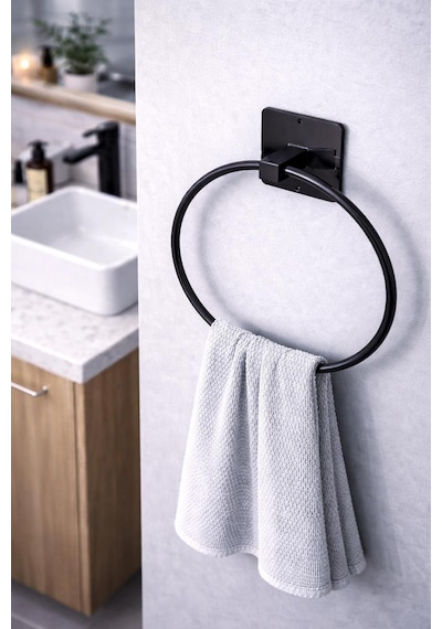 Yapışkanlı Yuvarlak Havluluk Banyo Mutfak Havlu Askılık Siyah Diğer