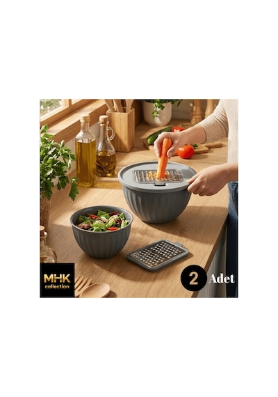 2'li Hazneli Rende Ve Karıştırma Kabı Seti - Kapaklı Sıçratmaz Saklama Kabı - Antrasit 2.5 & 5 Lt Diğer