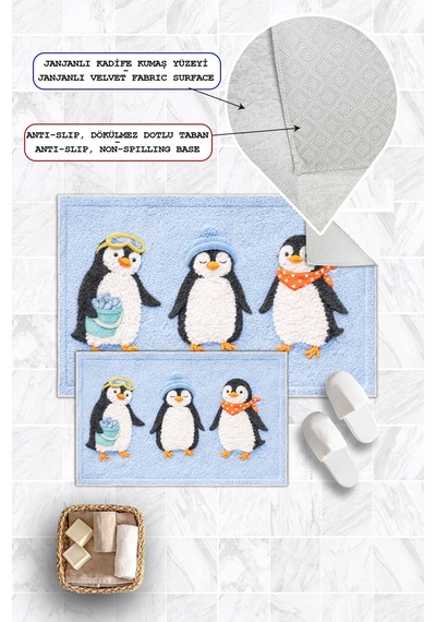 Penguen Desenli Dijital Baskılı Yıkanabilir 2li Banyo Paspası 50x60-60x100 Açık Mavi