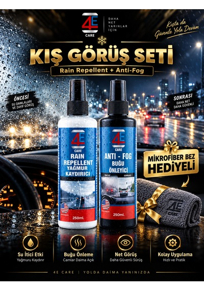 4e Care 2'li Kış Görüş Seti: Yağmur Kaydırıcı & Buğu Önleyici Sprey Net Görüş Paketi 250 Ml