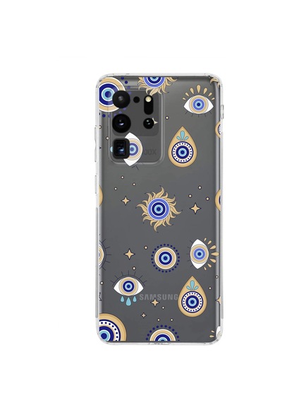 Samsung Galaxy S20 Ultra İle Uyumlu Nazar Boncuğu 5 Kamera Korumalı Şeffaf Silikon Kılıf Şeffaf