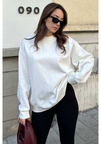 Ekru Bisiklet Yaka Basic Sweatshirt Mg2185