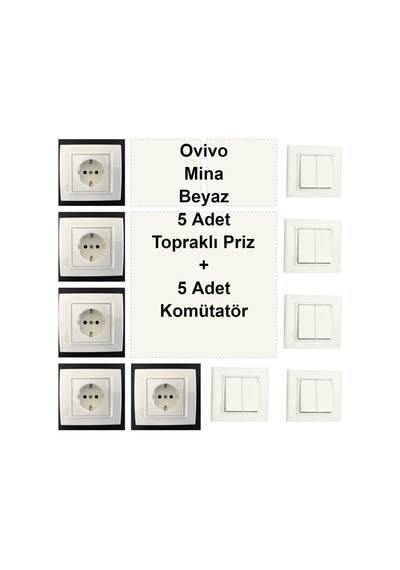 Ovivo Mina Beyaz 5 Adet Topraklı Priz + 5 Adet Komütatör