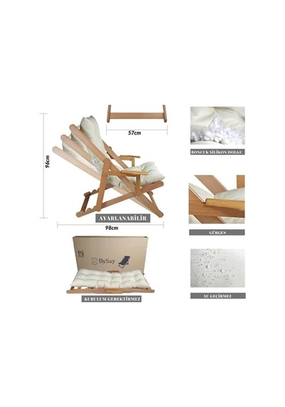 Bysay Puf Minderli Ahşap Kademeli Kollu Şezlong Bahçe&balkon&teras&plaj Katlanır Şezlong Naturel Krem Diğer