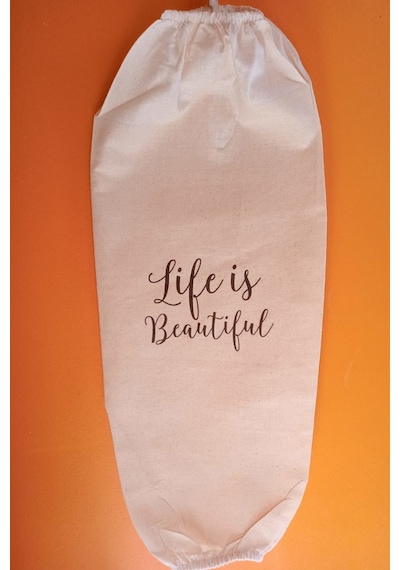Emtory Home Life Is Beautiful Baskılı Çift Lastikli Naturel Keten Poşetlik
