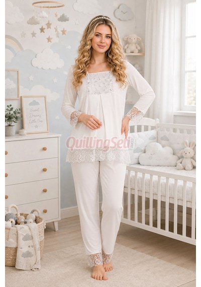 Lady Ekru Renkli, Dantel Detaylı, 33203 Uzun Kol, 2 Parça Lohusa Hamile Pijama Takımı
