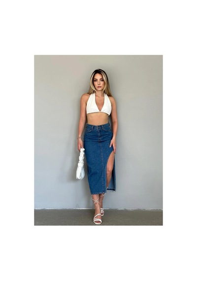 Kene Jeans Yüksek Bel Uzun Ön Parçalı Asimetrik Kot Etek Mavi