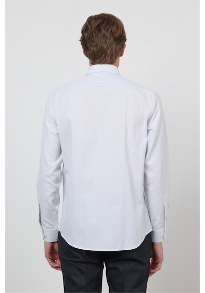 İmza Beyaz - Mavi Sert Yaka Uzun Kol Cepsiz Slim Fit Pamuklu Gömlek 1004260210