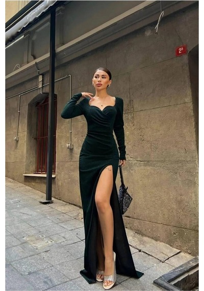 Alfa Aksesuar 03 Kalp Yırtmaçlı Abiye Kollu Elbise Uzun Yaka Zümrüt