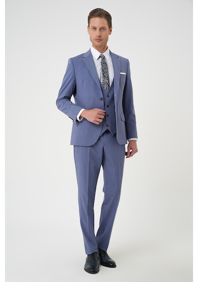 Efor Slim Fit Esnek Çift Yırtmaç Yelekli Düz Klasik Havacı Mavi Takım Elbise Tk 901 Mavi