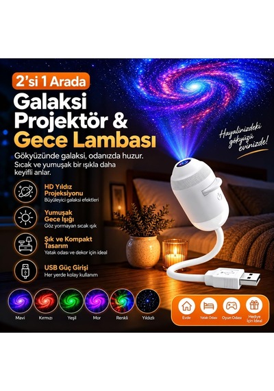 2'si 1 Arada Galaksi Projektör Gece Lambası 360 Esnek Boyunlu Usb Led Yıldız Projeksiyon, Ayarlanabilir Işık