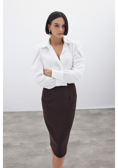Sateen Düz Kalem Etek - Kahve