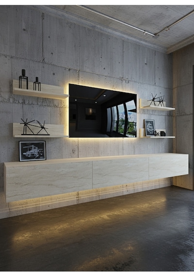 Resital Ledli Duvara Monte Tv Sehpası - Traverten - W6020-8 Traverten