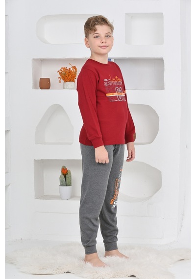 Modanino Erkek Çocuk Baskılı %100 Pamuk İnterlok Kumaş Pijama Takımı 12446 Bordo