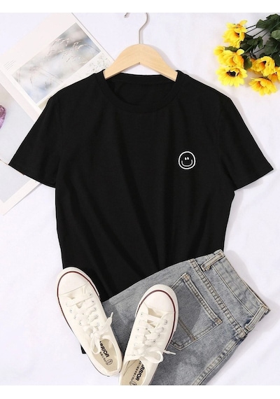 Unisex Siyah Oversize Gülen Yüz Emoji Baskılı Örme T-shirt Siyah